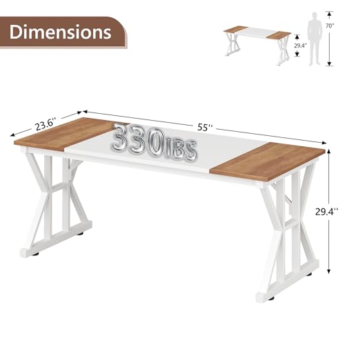 Image of 55 inch Large Computer Desk with Thickened Frame for Home Office, Living Room | Modern Simple Executive Desk, Larger Gaming Desk with X-Shaped ReInchforcement, Brown /White