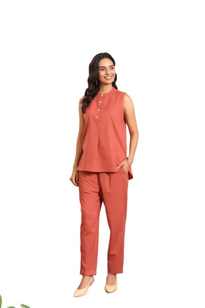 Women's Orange Solid Cotton Co-Ord Set-image-16