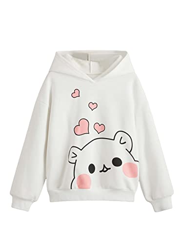 Makemechic Girl's Cute Cartoon Bear Print Fleece Lined Pullover Hoodie Hooded Sweatshirt White 9Y #TOP7