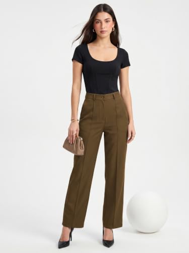 Image of Selvia Women's Solid Straight Fit Trousers, Front Pleated Formal Pants
