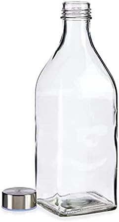 Set of 2 Glass 1L Water Bottles Square for Beverage Milk Juice Infused Oils Steel Cap