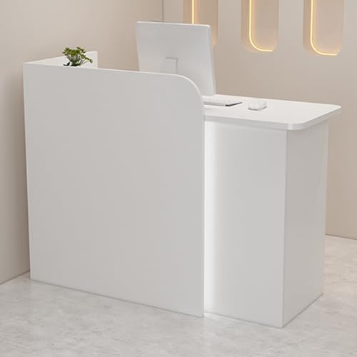 Escritorio LED de recepción con estantes abiertos y cajones, mesa moderna de madera para salón, oficina y venta al por menor, elegante escritorio de computadora con iluminación