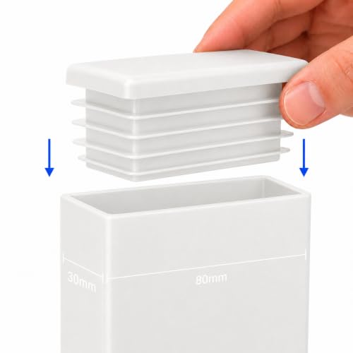 Image of (Pack of 4) Rectangular Plastic Plugs 1-3 /16 inch x 3-5 /32 inch (30 x 80 mm), Matt Tube Inserts, Fence Post Caps, Pure White RAL 9010
