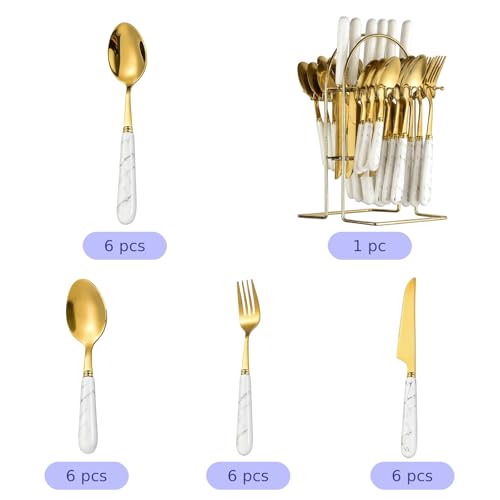 24 Pcs White Gold Cutlery Set with Holder, 304 Stainless Steel Flatware Service for 6, Ceramic Handle Spoon Fork Knife with Mirror Polished Finish, Mirror Shine Dinnerware, Rustproof Kitchen Dining - Image 2
