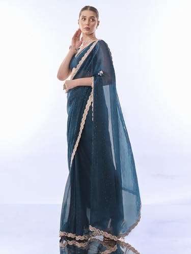 Image of ORHANS Women's Chiffon Saree with Unstitched Blouse Piece Solid Pattern and Laced Border | Lightweight Sarees for Woman | Plain Saris Daily Use | Womens Saree Modern Pattern| Stylish Saree