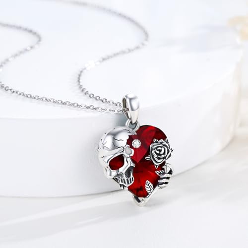 Image of S925 Sterling Silver Skull Pendant Necklace Heart Crystal Birthstone Skull Necklace Gothic Jewlery Gifts