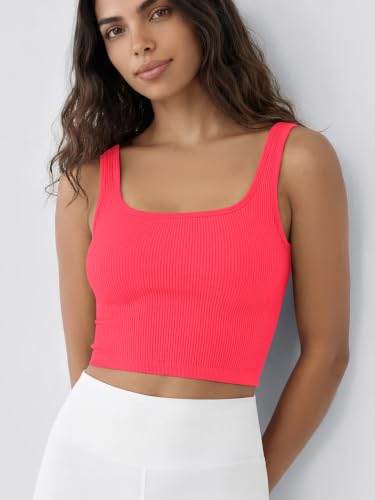 Image of ODODOS 3-Pack Seamless Square Neck Crop Tank for Women Ribbed Knit Soft Low Back Cropped Tops