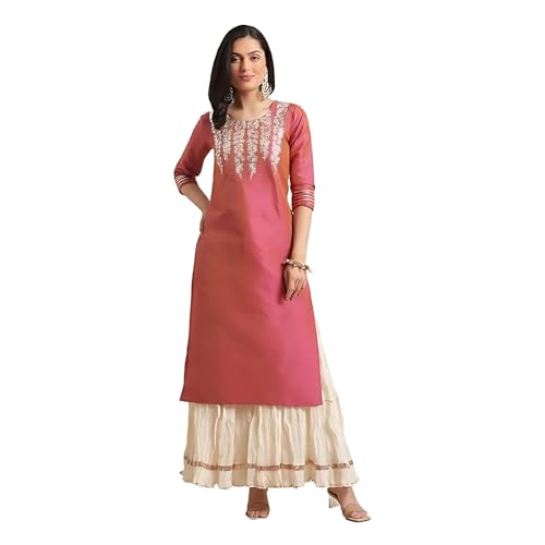 Image of Varanga Women Gota Patti Embroidered Straight Kurta | 3 /4 Sleeve | Round Neck | Casual