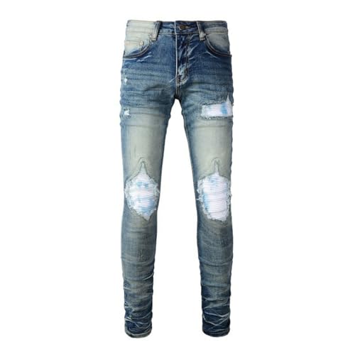 Jeans Pants Trouser Denim White Patch Blue Men's Trendy Punch Stretch