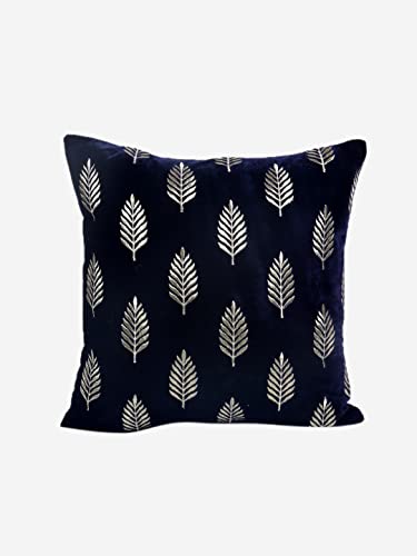 Image of Decoghar Blue Handmade Sofa Cushion Covers | Golden Zari Leaf Embroidered Square Throw Pillow Cover | 16 X 16 Inch | Pack of 3