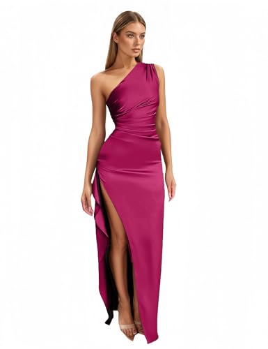 Image of Womens One Shoulder Ruched Side Satin Wedding Guest Dresses Adjustable Straps High Slit Backless Cocktail Maxi Dress