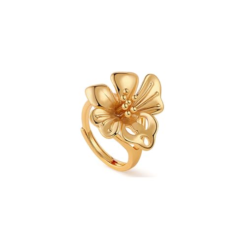 Vintage Gold Flower Ring for Women Adjustable Statement Trendy Floral Finger Rings Elegant Wedding Promise Band Stackable Comfort Fit Summer Beach Bohemian Holiday Chic Jewelry for Her
