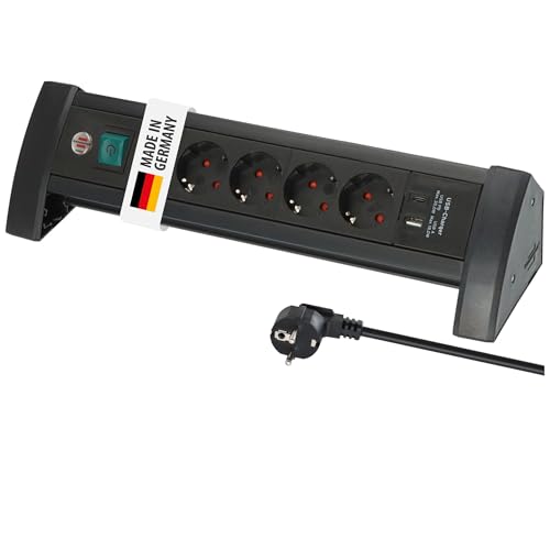 Brennenstuhl Premium Office-Line Steckdosenleiste 4-Fach mit USB C PD 30W und USB A 18W (Made in Germany Mehrfachsteckdose mit 1 8m Kabel und Schalter Steckerleiste für den Schreibtisch) schwarz