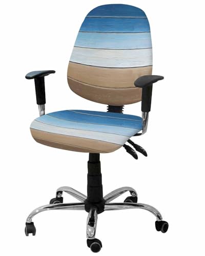 Blue Brown 2 Pieces Computer Office Chair Covers Set,Stretchable Desk Rotating Chair Seat Cushion Slipcover Back Covers,Vintage Farmhouse Gradient Wooden Grain Slipcover Back Cover,Protectors Cover