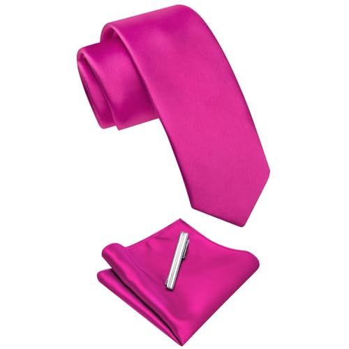 Image of YourTies Skinny Ties for Men Satin 2.4 inch Slim Necktie with Pocket Square Tie Clip Set Solid Color Wedding Party Business