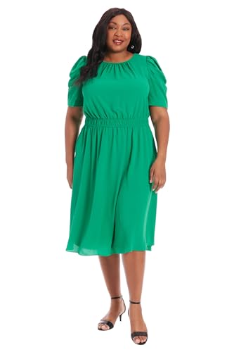 Image of London Times Women's Caterpillar Puff Sleeve Midi Dress - Gathered Waist A-Line Flowy Summer Dress