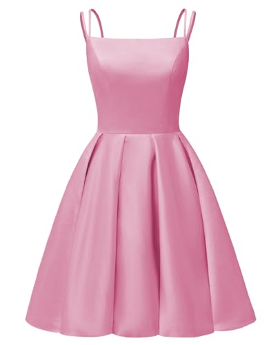 Image of Tianzhihe Satin Homecoming Dresses for Teens 2026 Spaghetti Straps A-line Square Neck Short Cocktail Party Dress with Pockets
