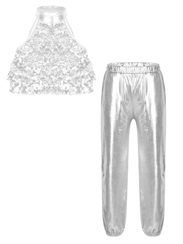 Top crop pailleté shiny sans manches et pantalon métallique pour costume de danse enfant