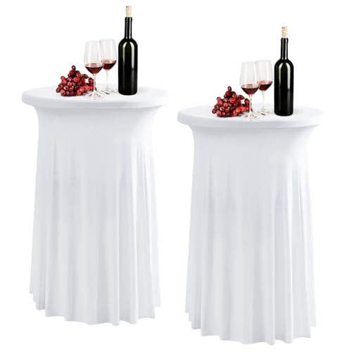 Fhberni Paquete de 2 manteles redondos elásticos de elastano blanco con falda, 32 x 43 pulgadas, manteles de cóctel elásticos para bar de alta calidad, decoración de fiestas y bodas, color blanco