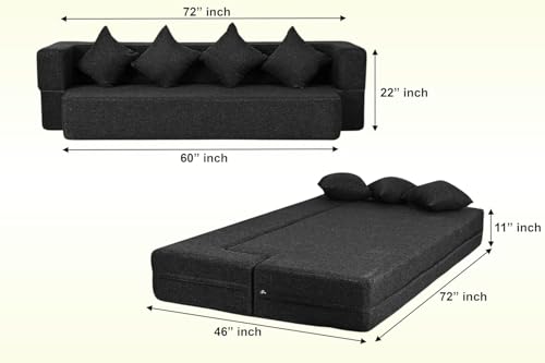 Image of C-Type Sofa Cum Bed 3-Seater Convertible Jute Fabric Sofa with 4 Cushions, Modern Space-Saving Design for Living Room & Guest Room (Black Color)