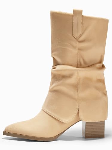 Coutgo Womens Fold Over Mid Calf Boots Slouchy Pointed Toe Chunky Heel Boots Pull On Winter Western Boot Shoes4