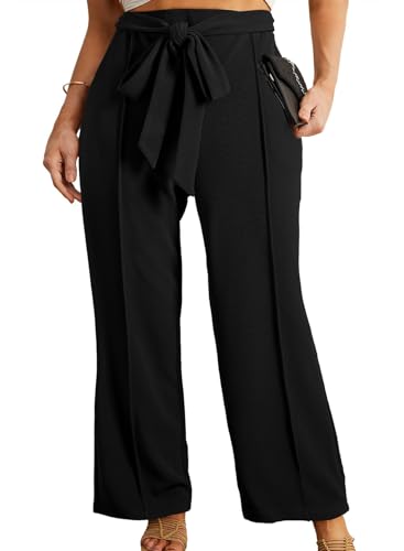 Eytino Plus Size Pants for Women Casual High Waisted Tie Knot Loose Work Pant Lounge Trousers with Pockets(1X-5X)