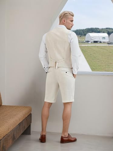 Linen Suit 2 Piece Men's Vest and Shorts Set for Casual Summer Beach Wedding Groomsmen Prom3