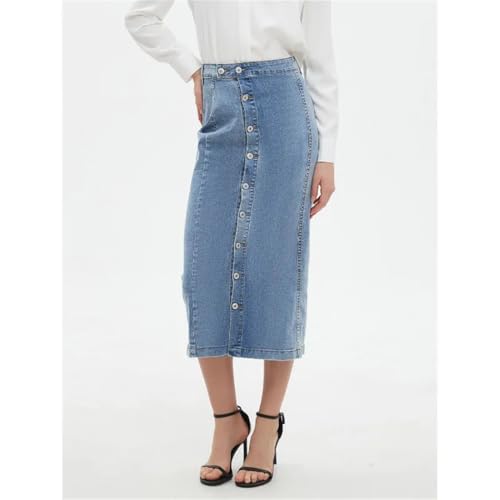 Women's High Waist Light Blue Denim Midi Skirt American Retro Style Button Front Jean Skirt for Everyday Outfits3