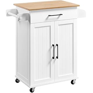 Yaheetech Kitchen Storage Trolley on Wheels With Bamboo Worktop, Rolling Kitchen Island Cart With Towel & Spice Rack for Dining Rooms, White
