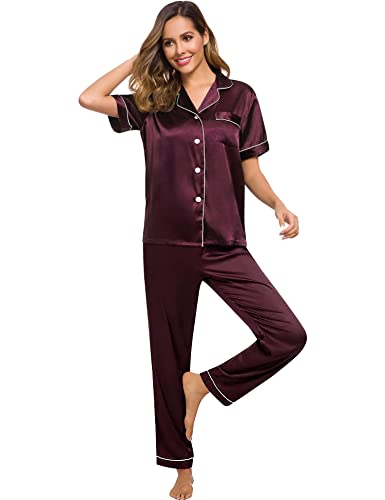 Image of SWOMOG Women Satin Pajamas Set Short Sleeve Top & Pants Sleepwear Silky Button Down Nightwear 2pcs Loungewear Pjs Set