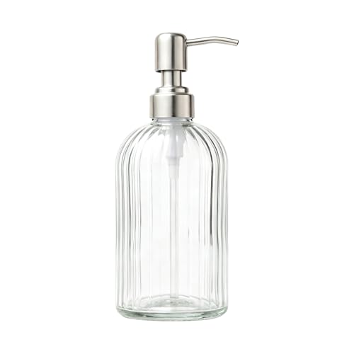 Easy-Tang Glass Hand Soap Dispenser Silver Pump Refillable Dish Shampoo Lotion Bottle with Brushed Bathroom Kitchen Decor 18 OZ