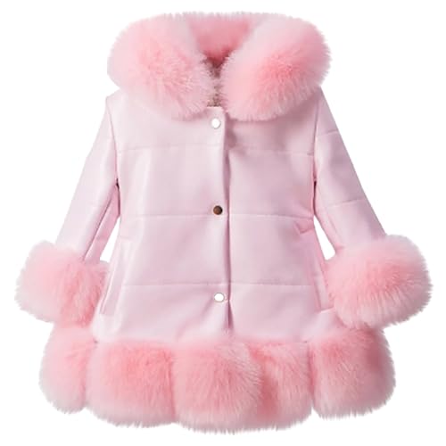 Girls Faux Leather Jacket with Fur Trim Toddler Thick Fleece Lining Thick Warm Coat Long Sleeve Kids Winter Jacket