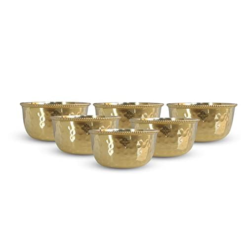 Indian Art Villa Pure Brass Hammered Beeded Design Flat Bottom Bowl, Decorative Dinnerware, Tableware and Serveware for Home Hotel Restaurant, Volume-5 Oz, Set of 6