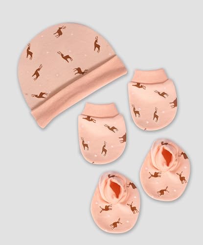Image of MOM'S DARLING Newborn Baby Cotton Cap, Mitten and Booties Combo Set | Infant Cap | Mittens | Bootie | Kids Gloves & Socks | Baby Gift | 0-12 Months | Pack of 4 | Multicolor