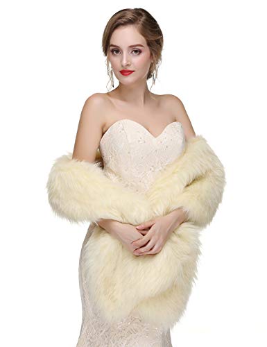 Aimimier Bridal Faux Fur Wrap Wedding Fur Stole with Brooch Evening Party Warm Shrug Cape (Light champagne)3