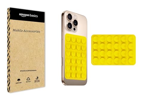 Image of amazon basics Suction Phone Case Anti-Slip Silicone Multipurpose Hands-Free Sticky Pads for Phone Case Mount for Selfies Videos Mirror Shower Car Dashboard - Yellow (1 Piece)