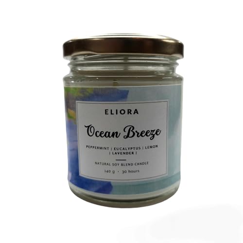 Eliora Ocean Breeze (Scented Soy Blend Glass Jar Candle) (Fragrance Blend: Peppermint, Eucalyptus, Lemon & Lavender) (Large)