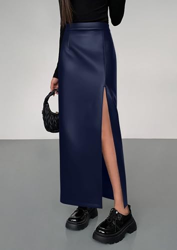 PRETTYGARDEN Womens Faux Leather Skirts 2025 Fall Fashion Bodycon High Waisted Slit Work Office Winter Maxi Long Pencil Skirt