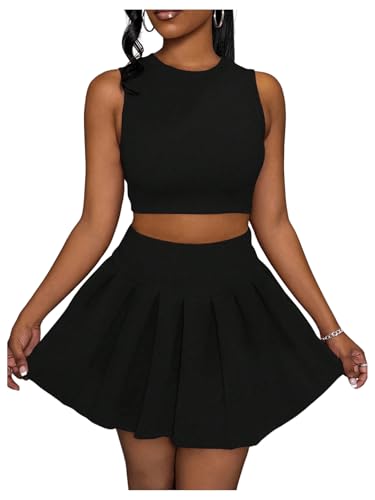 MakeMeChic Women's Two Piece Skirt Set Crop Tank Top Y2K Pleated Mini Skirt Black Large