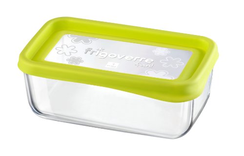 Bormioli Rocco Frigoverre Fun Rectangle Glass Container with Green Lid, 37-1/4-Ounce