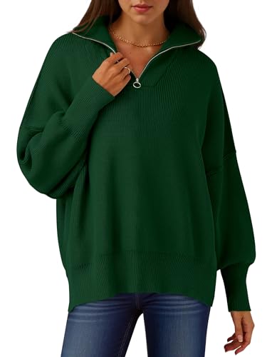Image of ANRABESS Womens Oversized Quarter Zip Pullover Sweaters | Fall Fashion Outfits, Long Sleeve Slit Side, Baggy Loose Fit, 1 /4 Zip Lapel Collared, Ribbed Knit Soft Warm Winter Clothing