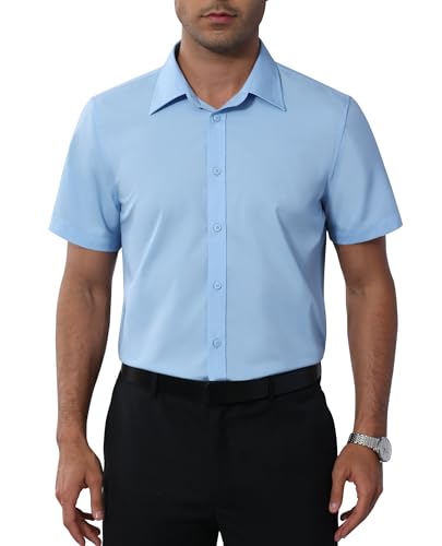 siliteelon Men's Short Sleeve Blue Dress Shirts Stain Shield Stretch Non Iron Business Casual Button Down Shirts Regular Fit Shirt for Adult