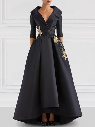 A Line Evening Dress Formal Wedding Guest Dress Satin V Neck Long Sleeve Floor Length with Beading Appliques 20242