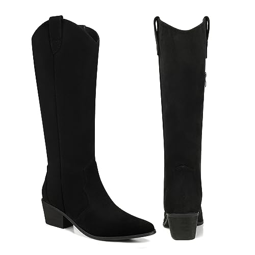 Image of SHIBEVER Cowgirl Boots Knee High: Womens Western Cowboy Boots Wide Calf Black Low Heeled Put on Suede Tall Booties Size 10.5