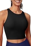 Ewedoos Longline Sports Bras for Women High Neck Racerback Sports Bra Padded Workout Crop Tank Tops with Built in Bra Black