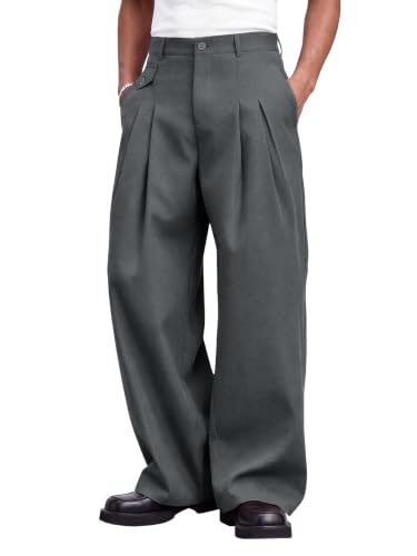Runcati Mens Baggy Dress Pants Pleated Wide Leg Casual Elastic Waist Slacks