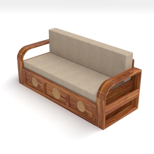 Image of Kunjal Furniture Solid Sheesham Wood Sofa Cum Bed with Storage for Living Room | Natural Finish | 3-Seater Convertible Sofa Bed | Handmade Wooden Furniture (Natural, Round Cane)