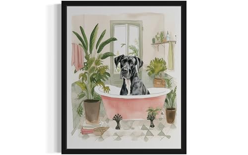 Image of Great Dane in Bathtub Black Framed Wall Art Poster Print, Animal Bathtub Restroom Wall Art Painting for Bathroom Decor Gallery Gallery 30 (Great Dane in Bathtub, 10 inch L x 8 inch W, Black Frame)