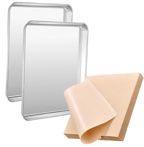 2-Piece Baking Sheet Set with 50pcs Baking Paper - Stainless Steel Non-Toxic Rust-Free Cookie Pan, 23.5×17.5×2.5cm, Perfect for Oven Baking Chicken, Pizza & Cakes