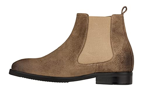 TOTO Men's Invisible Height Increasing Elevator Shoes - Coffee Brown Nubuck Leather Slip-on Chelsea Ankle Boots - 3.0 Inches Taller - K92083 - Size 6.5 D(M) US3